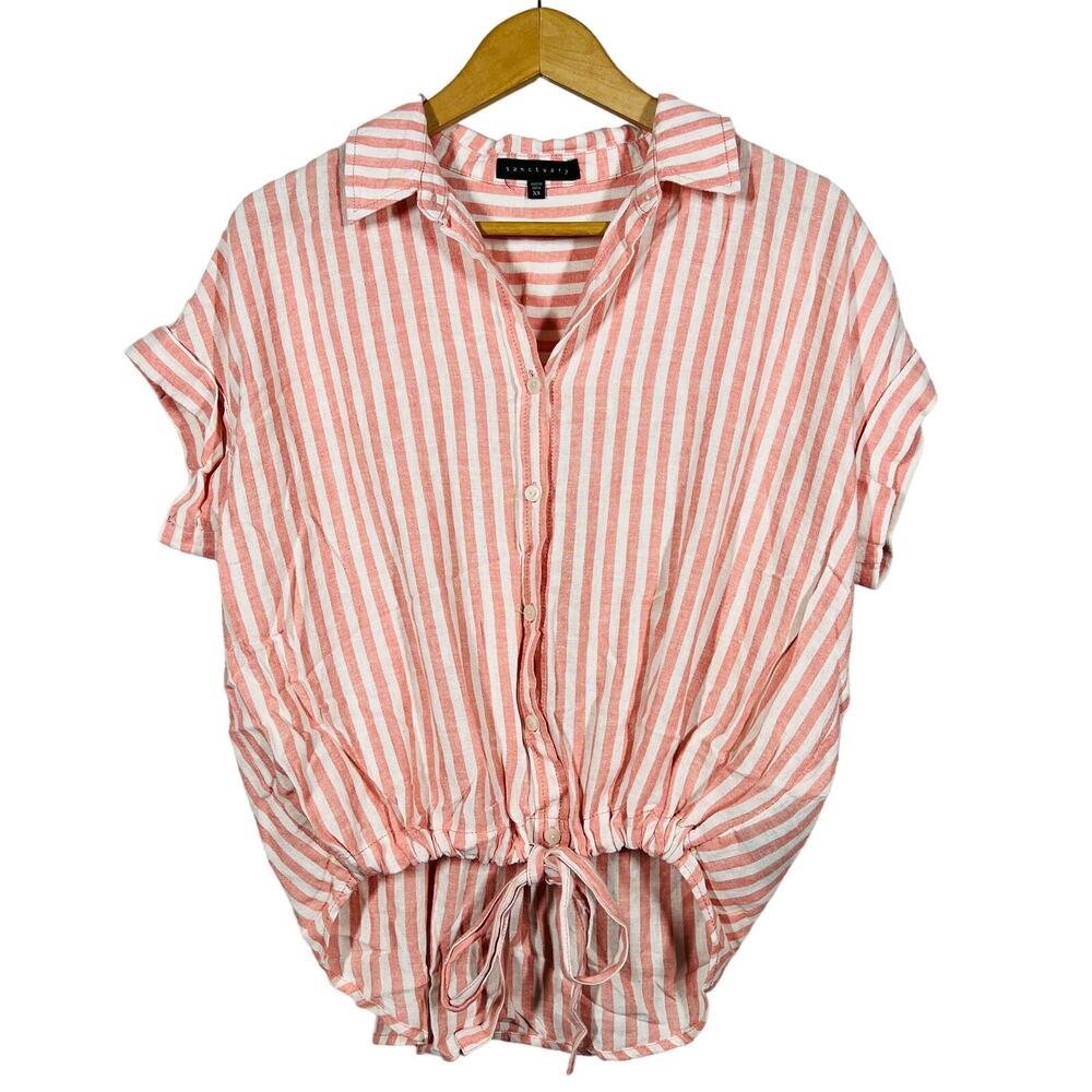 Sanctuary Tie Waist Stripe Top Blouse Casual Button Down Pink White - XS